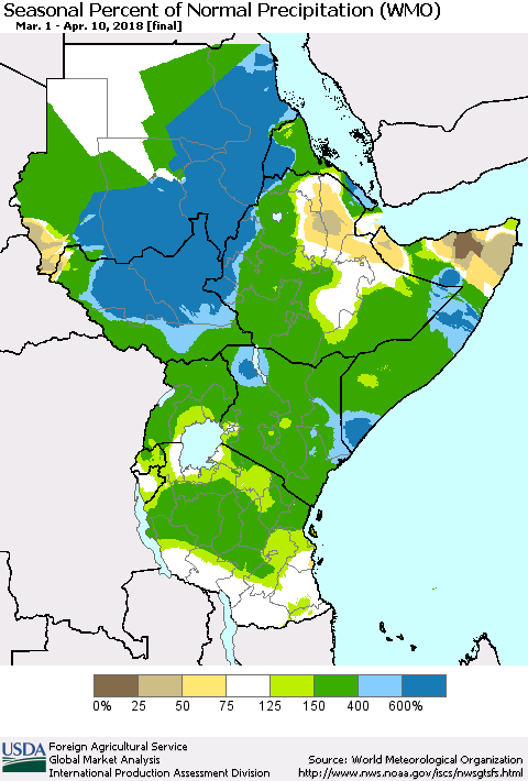 Eastern Africa Seasonal Percent of Normal Precipitation (WMO) Thematic Map For 3/1/2018 - 4/10/2018