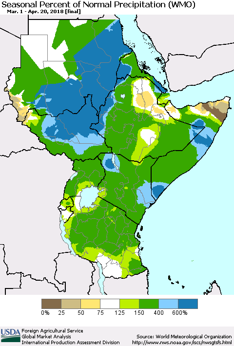Eastern Africa Seasonal Percent of Normal Precipitation (WMO) Thematic Map For 3/1/2018 - 4/20/2018