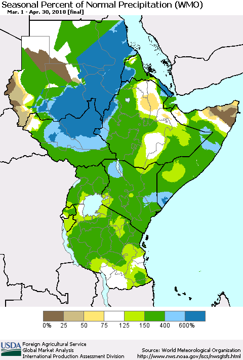 Eastern Africa Seasonal Percent of Normal Precipitation (WMO) Thematic Map For 3/1/2018 - 4/30/2018
