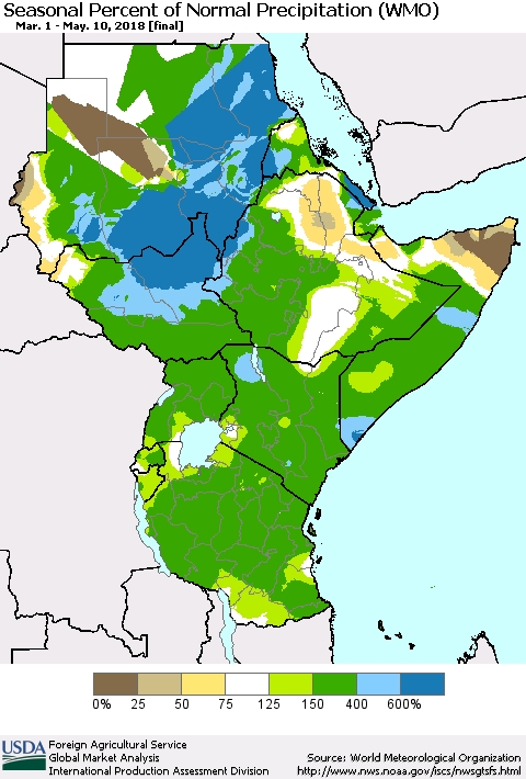 Eastern Africa Seasonal Percent of Normal Precipitation (WMO) Thematic Map For 3/1/2018 - 5/10/2018