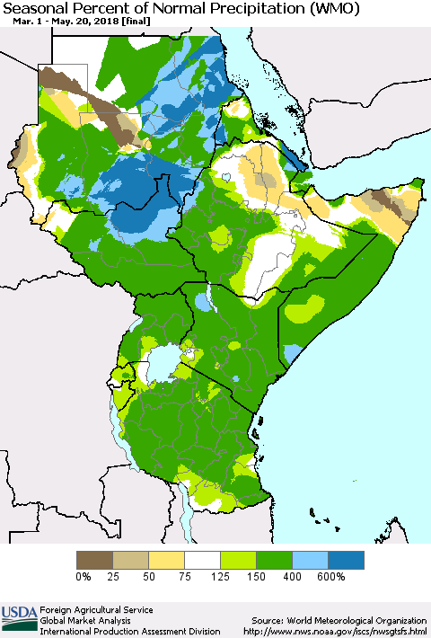 Eastern Africa Seasonal Percent of Normal Precipitation (WMO) Thematic Map For 3/1/2018 - 5/20/2018