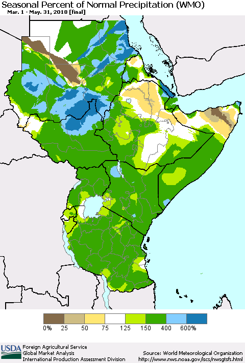 Eastern Africa Seasonal Percent of Normal Precipitation (WMO) Thematic Map For 3/1/2018 - 5/31/2018