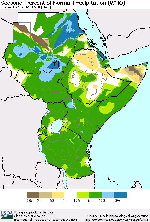 Eastern Africa Seasonal Percent of Normal Precipitation (WMO) Thematic Map For 3/1/2018 - 6/10/2018