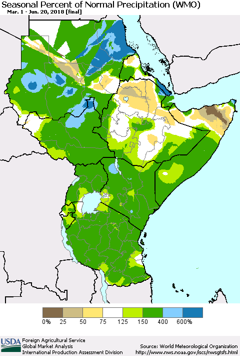 Eastern Africa Seasonal Percent of Normal Precipitation (WMO) Thematic Map For 3/1/2018 - 6/20/2018