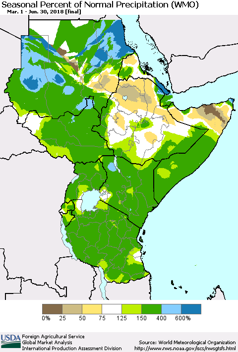 Eastern Africa Seasonal Percent of Normal Precipitation (WMO) Thematic Map For 3/1/2018 - 6/30/2018
