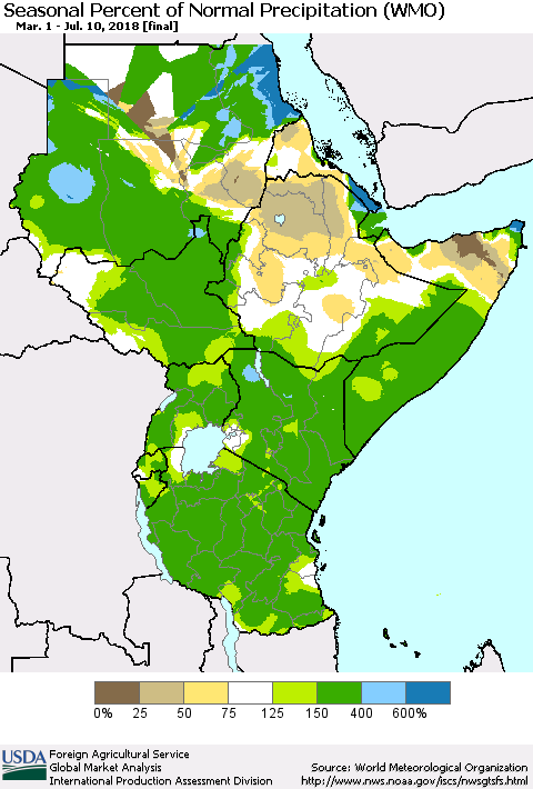 Eastern Africa Seasonal Percent of Normal Precipitation (WMO) Thematic Map For 3/1/2018 - 7/10/2018