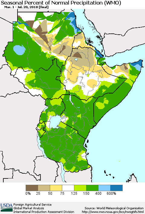 Eastern Africa Seasonal Percent of Normal Precipitation (WMO) Thematic Map For 3/1/2018 - 7/20/2018
