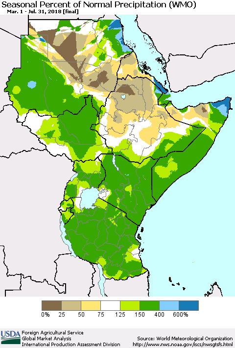 Eastern Africa Seasonal Percent of Normal Precipitation (WMO) Thematic Map For 3/1/2018 - 7/31/2018