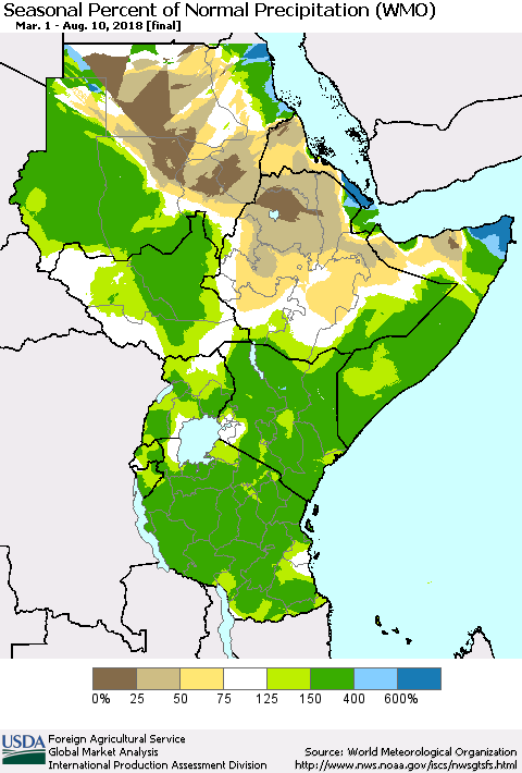Eastern Africa Seasonal Percent of Normal Precipitation (WMO) Thematic Map For 3/1/2018 - 8/10/2018