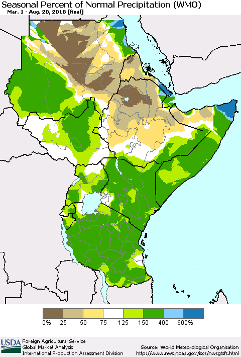 Eastern Africa Seasonal Percent of Normal Precipitation (WMO) Thematic Map For 3/1/2018 - 8/20/2018