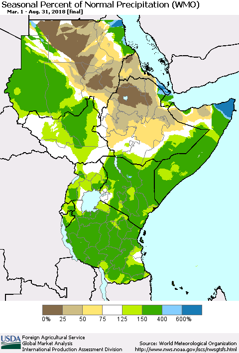 Eastern Africa Seasonal Percent of Normal Precipitation (WMO) Thematic Map For 3/1/2018 - 8/31/2018