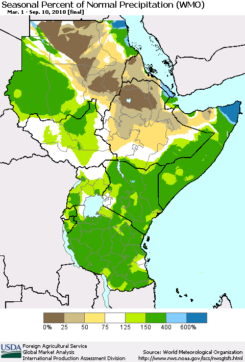 Eastern Africa Seasonal Percent of Normal Precipitation (WMO) Thematic Map For 3/1/2018 - 9/10/2018