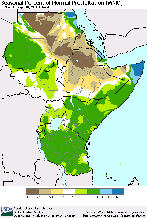 Eastern Africa Seasonal Percent of Normal Precipitation (WMO) Thematic Map For 3/1/2018 - 9/30/2018