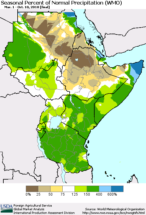 Eastern Africa Seasonal Percent of Normal Precipitation (WMO) Thematic Map For 3/1/2018 - 10/10/2018