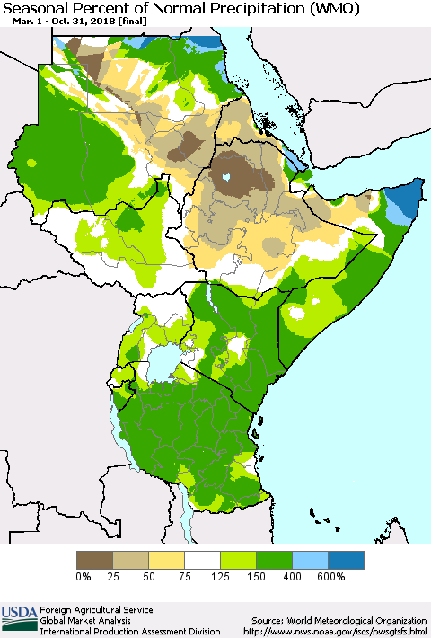 Eastern Africa Seasonal Percent of Normal Precipitation (WMO) Thematic Map For 3/1/2018 - 10/31/2018