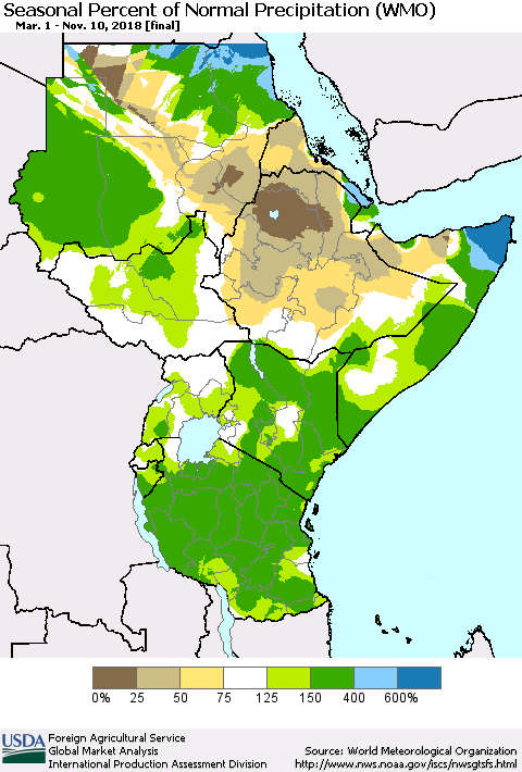 Eastern Africa Seasonal Percent of Normal Precipitation (WMO) Thematic Map For 3/1/2018 - 11/10/2018
