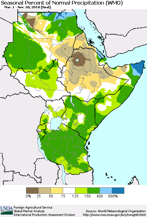 Eastern Africa Seasonal Percent of Normal Precipitation (WMO) Thematic Map For 3/1/2018 - 11/20/2018