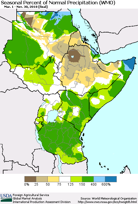 Eastern Africa Seasonal Percent of Normal Precipitation (WMO) Thematic Map For 3/1/2018 - 11/30/2018