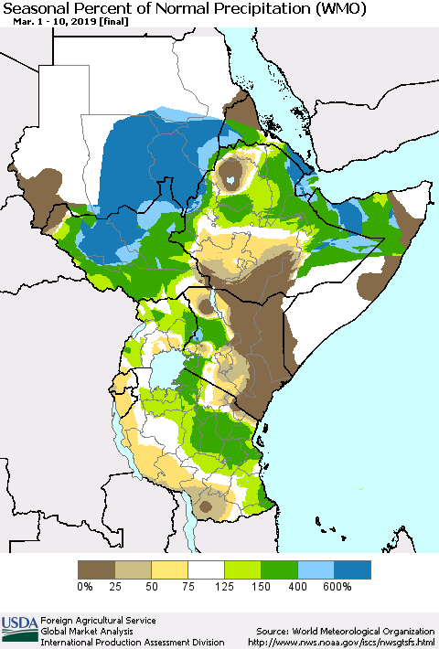 Eastern Africa Seasonal Percent of Normal Precipitation (WMO) Thematic Map For 3/1/2019 - 3/10/2019