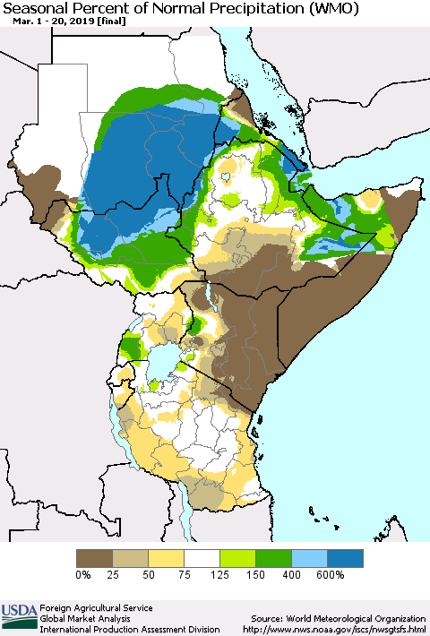 Eastern Africa Seasonal Percent of Normal Precipitation (WMO) Thematic Map For 3/1/2019 - 3/20/2019