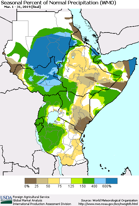 Eastern Africa Seasonal Percent of Normal Precipitation (WMO) Thematic Map For 3/1/2019 - 3/31/2019