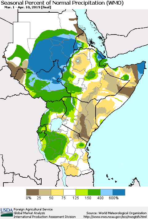 Eastern Africa Seasonal Percent of Normal Precipitation (WMO) Thematic Map For 3/1/2019 - 4/10/2019