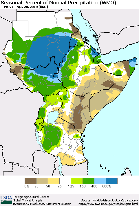 Eastern Africa Seasonal Percent of Normal Precipitation (WMO) Thematic Map For 3/1/2019 - 4/20/2019