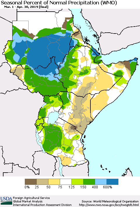 Eastern Africa Seasonal Percent of Normal Precipitation (WMO) Thematic Map For 3/1/2019 - 4/30/2019