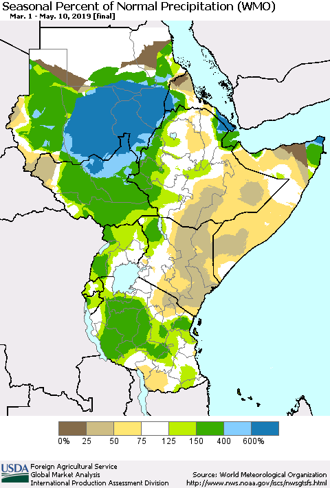 Eastern Africa Seasonal Percent of Normal Precipitation (WMO) Thematic Map For 3/1/2019 - 5/10/2019