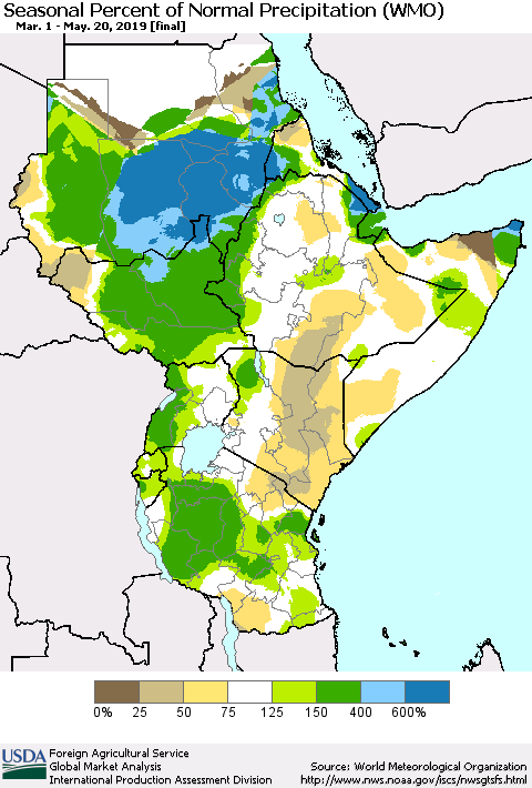 Eastern Africa Seasonal Percent of Normal Precipitation (WMO) Thematic Map For 3/1/2019 - 5/20/2019