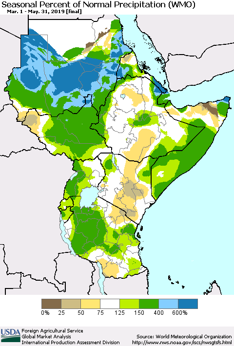 Eastern Africa Seasonal Percent of Normal Precipitation (WMO) Thematic Map For 3/1/2019 - 5/31/2019