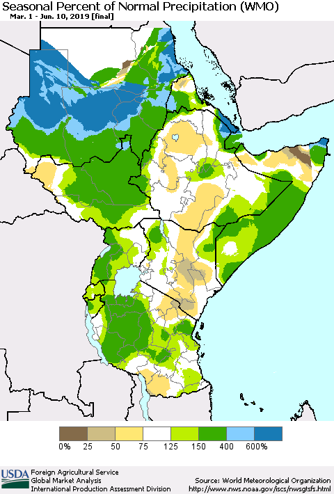 Eastern Africa Seasonal Percent of Normal Precipitation (WMO) Thematic Map For 3/1/2019 - 6/10/2019