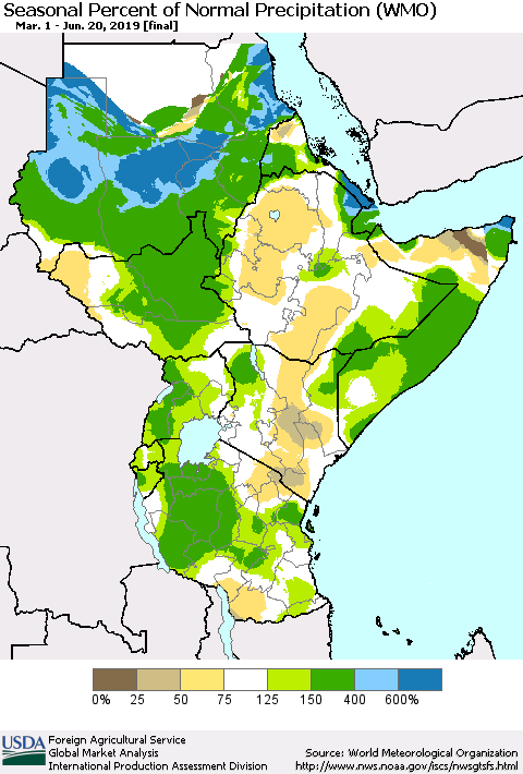 Eastern Africa Seasonal Percent of Normal Precipitation (WMO) Thematic Map For 3/1/2019 - 6/20/2019