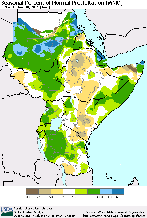 Eastern Africa Seasonal Percent of Normal Precipitation (WMO) Thematic Map For 3/1/2019 - 6/30/2019