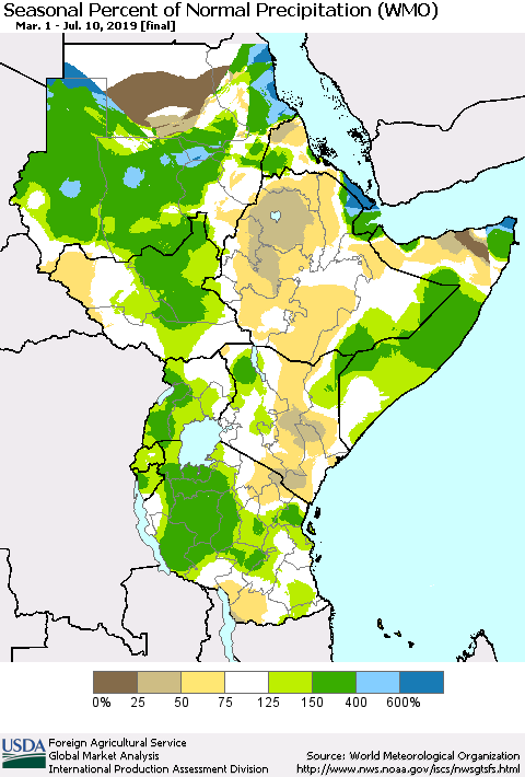 Eastern Africa Seasonal Percent of Normal Precipitation (WMO) Thematic Map For 3/1/2019 - 7/10/2019