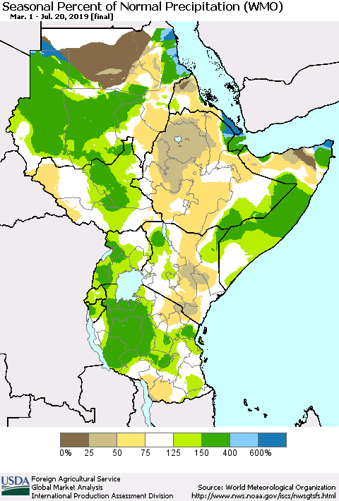 Eastern Africa Seasonal Percent of Normal Precipitation (WMO) Thematic Map For 3/1/2019 - 7/20/2019