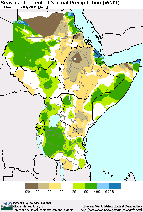 Eastern Africa Seasonal Percent of Normal Precipitation (WMO) Thematic Map For 3/1/2019 - 7/31/2019