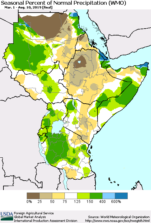 Eastern Africa Seasonal Percent of Normal Precipitation (WMO) Thematic Map For 3/1/2019 - 8/10/2019