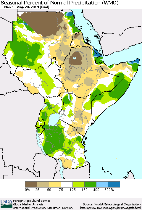 Eastern Africa Seasonal Percent of Normal Precipitation (WMO) Thematic Map For 3/1/2019 - 8/20/2019