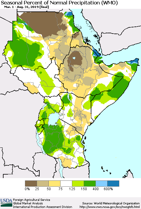 Eastern Africa Seasonal Percent of Normal Precipitation (WMO) Thematic Map For 3/1/2019 - 8/31/2019