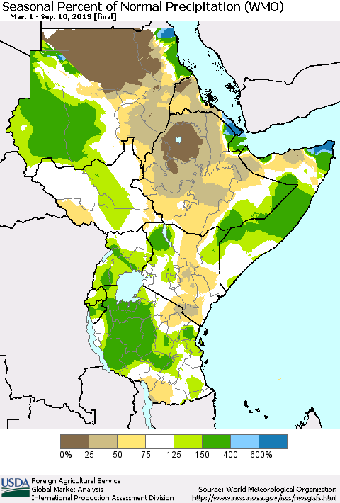 Eastern Africa Seasonal Percent of Normal Precipitation (WMO) Thematic Map For 3/1/2019 - 9/10/2019
