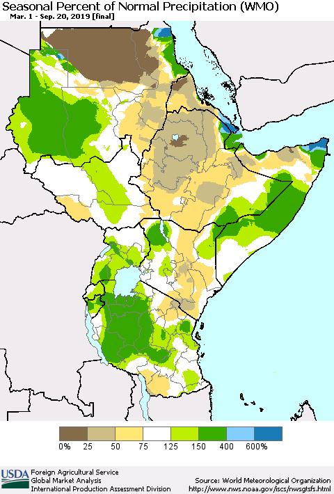 Eastern Africa Seasonal Percent of Normal Precipitation (WMO) Thematic Map For 3/1/2019 - 9/20/2019