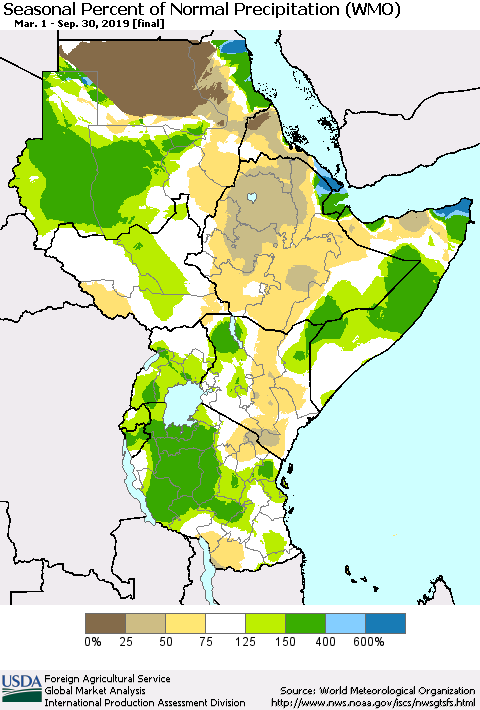 Eastern Africa Seasonal Percent of Normal Precipitation (WMO) Thematic Map For 3/1/2019 - 9/30/2019
