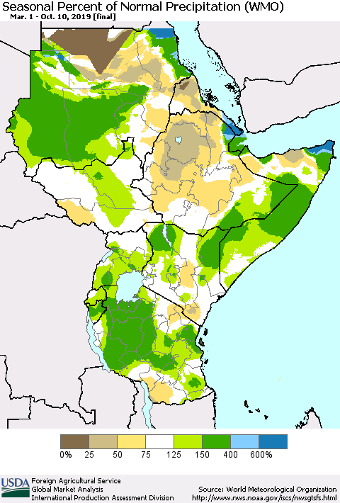 Eastern Africa Seasonal Percent of Normal Precipitation (WMO) Thematic Map For 3/1/2019 - 10/10/2019