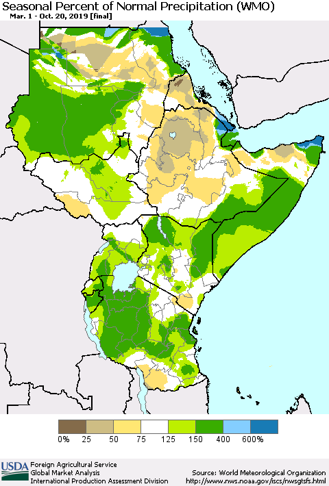 Eastern Africa Seasonal Percent of Normal Precipitation (WMO) Thematic Map For 3/1/2019 - 10/20/2019
