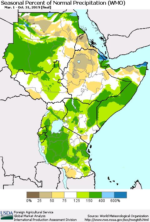 Eastern Africa Seasonal Percent of Normal Precipitation (WMO) Thematic Map For 3/1/2019 - 10/31/2019