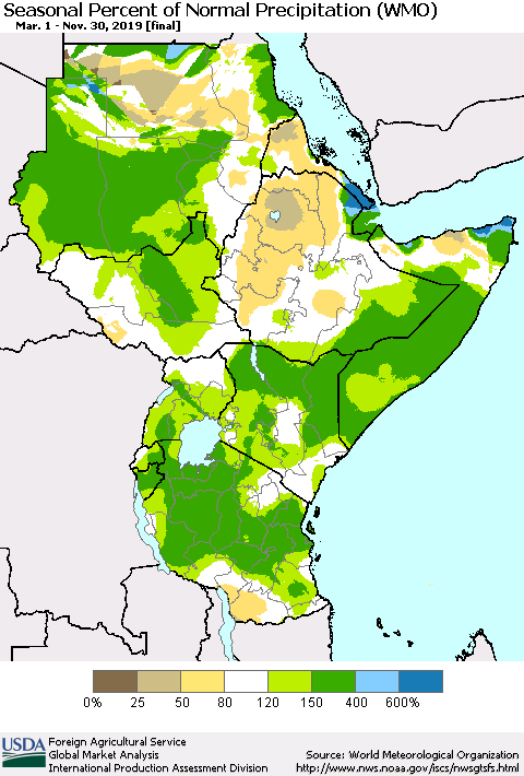 Eastern Africa Seasonal Percent of Normal Precipitation (WMO) Thematic Map For 3/1/2019 - 11/30/2019