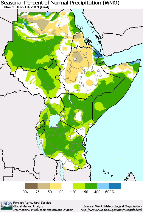Eastern Africa Seasonal Percent of Normal Precipitation (WMO) Thematic Map For 3/1/2019 - 12/10/2019