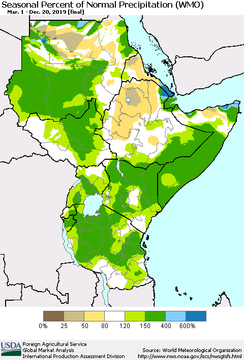 Eastern Africa Seasonal Percent of Normal Precipitation (WMO) Thematic Map For 3/1/2019 - 12/20/2019