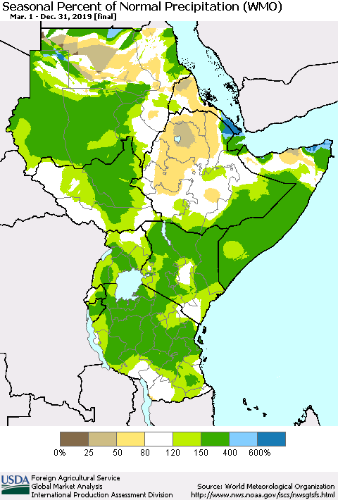 Eastern Africa Seasonal Percent of Normal Precipitation (WMO) Thematic Map For 3/1/2019 - 12/31/2019